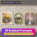 Sukkot prompt pack: 59 master prompts + Remix Guide, with a UV-printed greeting card, acrylic ornament and mug set made with prompts #4, #5 and #6