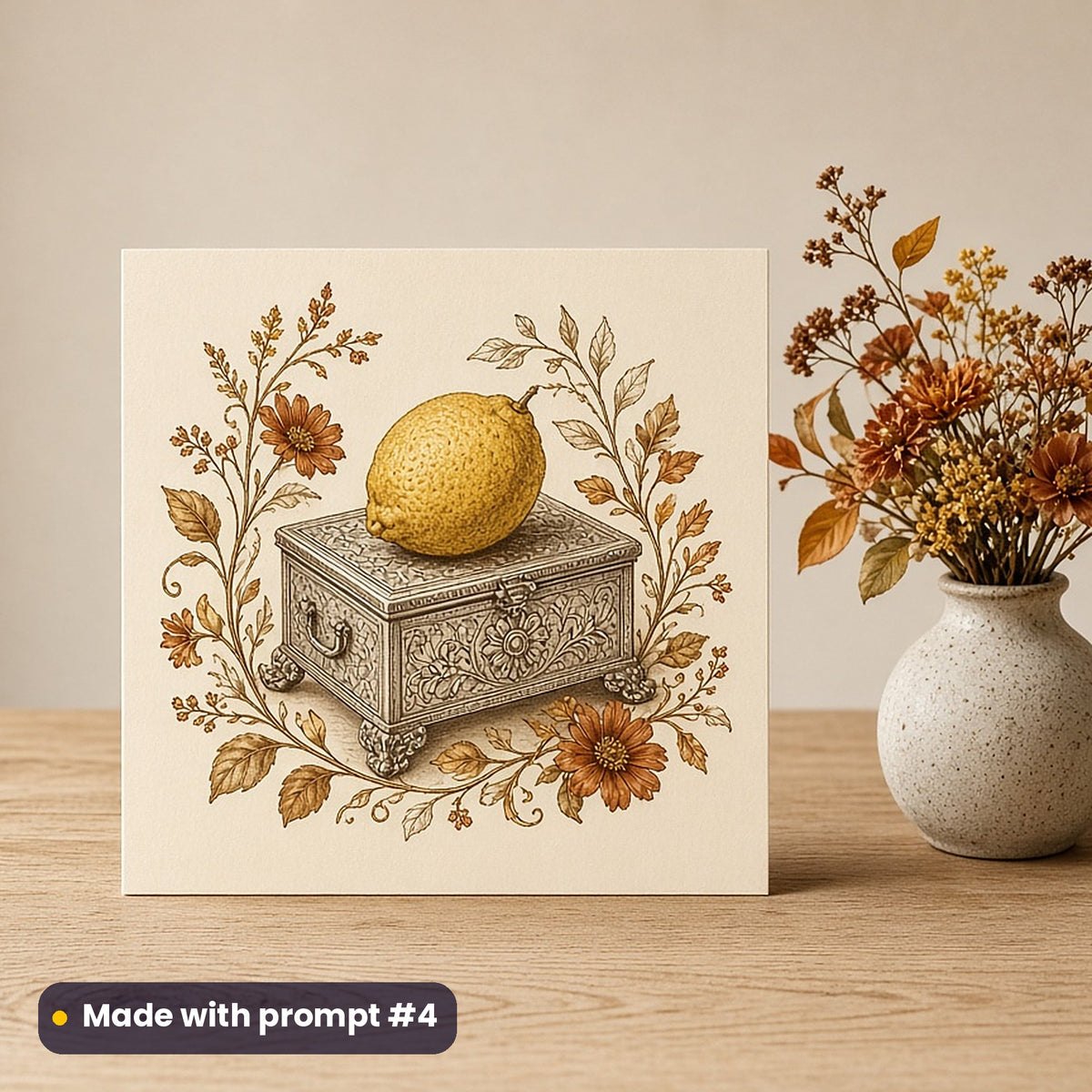 Sukkot artwork printed on a flat-printed greeting card: antique silver etrog box, elegant line & floral style, made with prompt #4 from this pack