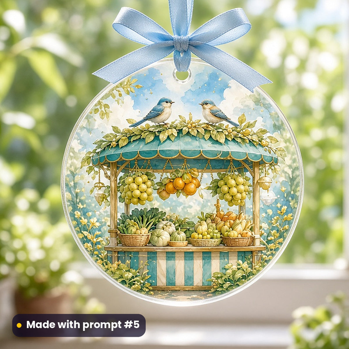 Sukkot artwork printed on a UV-printed clear acrylic ornament: birds perched on a sukkah roof, fantasy luminous style, made with prompt #5 from this pack