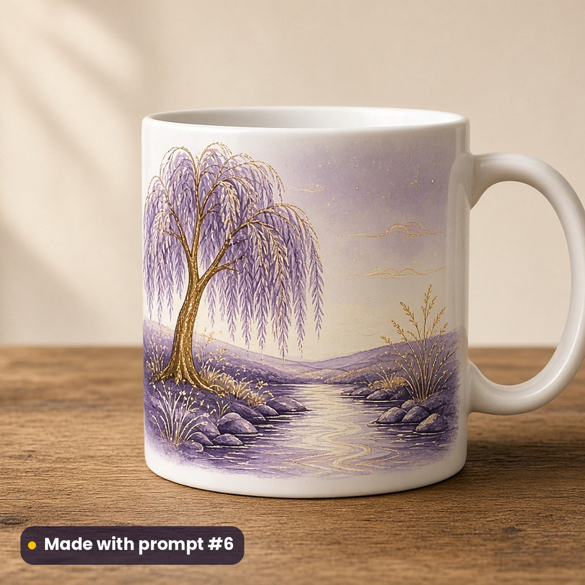 Sukkot artwork printed on a UV-printed ceramic mug: willow branches by a brook, folk art style, made with prompt #6 from this pack