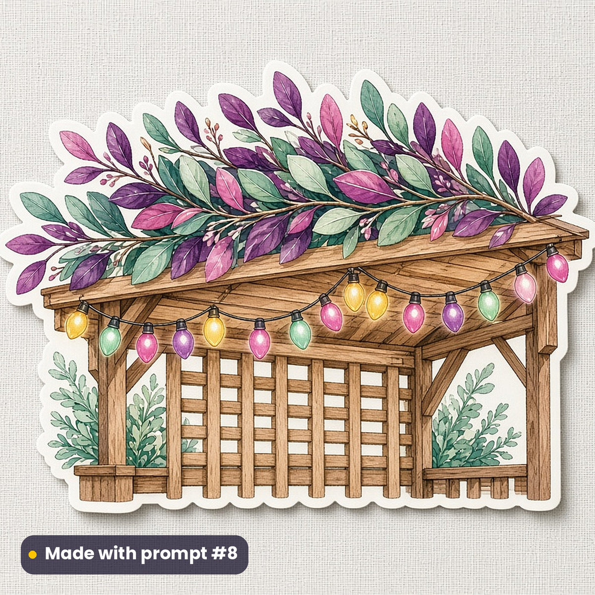 Sukkot artwork printed on a die-cut vinyl sticker: string lights draped along a sukkah, luxury porcelain style, made with prompt #8 from this pack