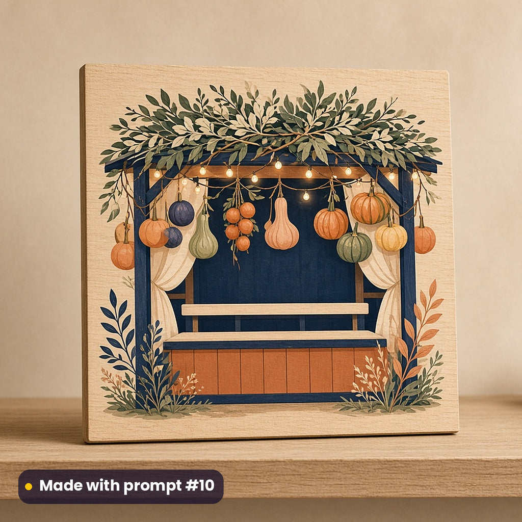 Sukkot artwork printed on a UV-printed wooden plaque: sukkah decorated with hanging fruit and lights, modern scandinavian style, made with prompt #10 from this pack