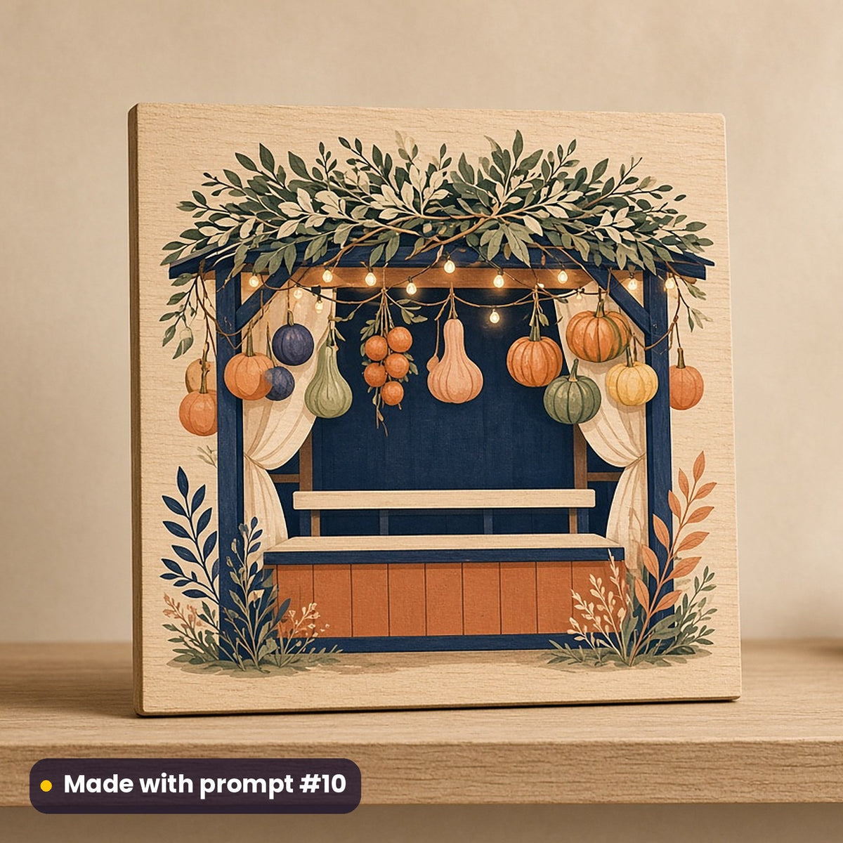 Sukkot artwork printed on a UV-printed wooden plaque: sukkah decorated with hanging fruit and lights, modern scandinavian style, made with prompt #10 from this pack