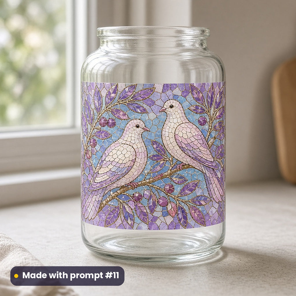Sukkot artwork printed on a UV DTF decal on glass: doves in an olive tree, mosaic jewel style, made with prompt #11 from this pack