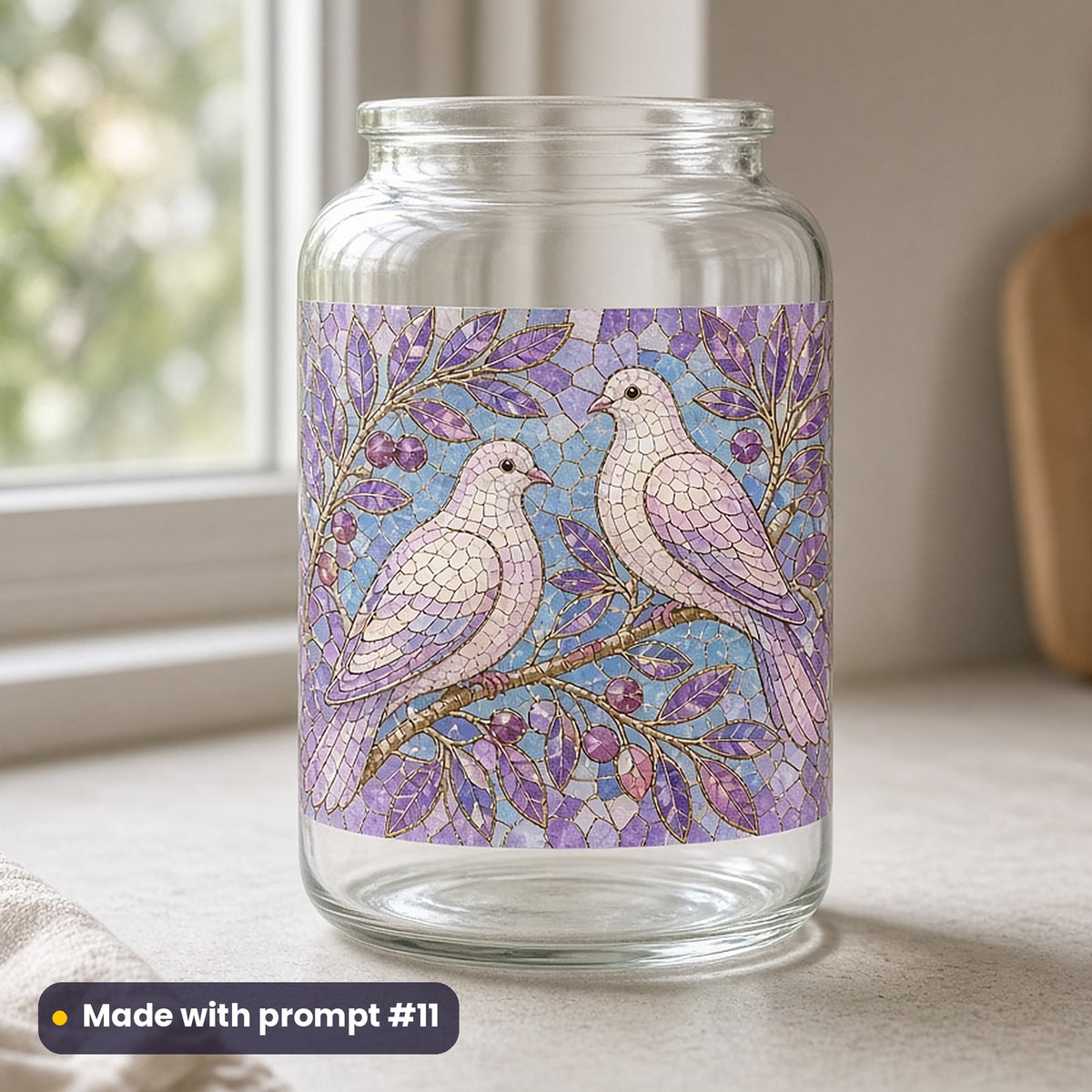 Sukkot artwork printed on a UV DTF decal on glass: doves in an olive tree, mosaic jewel style, made with prompt #11 from this pack