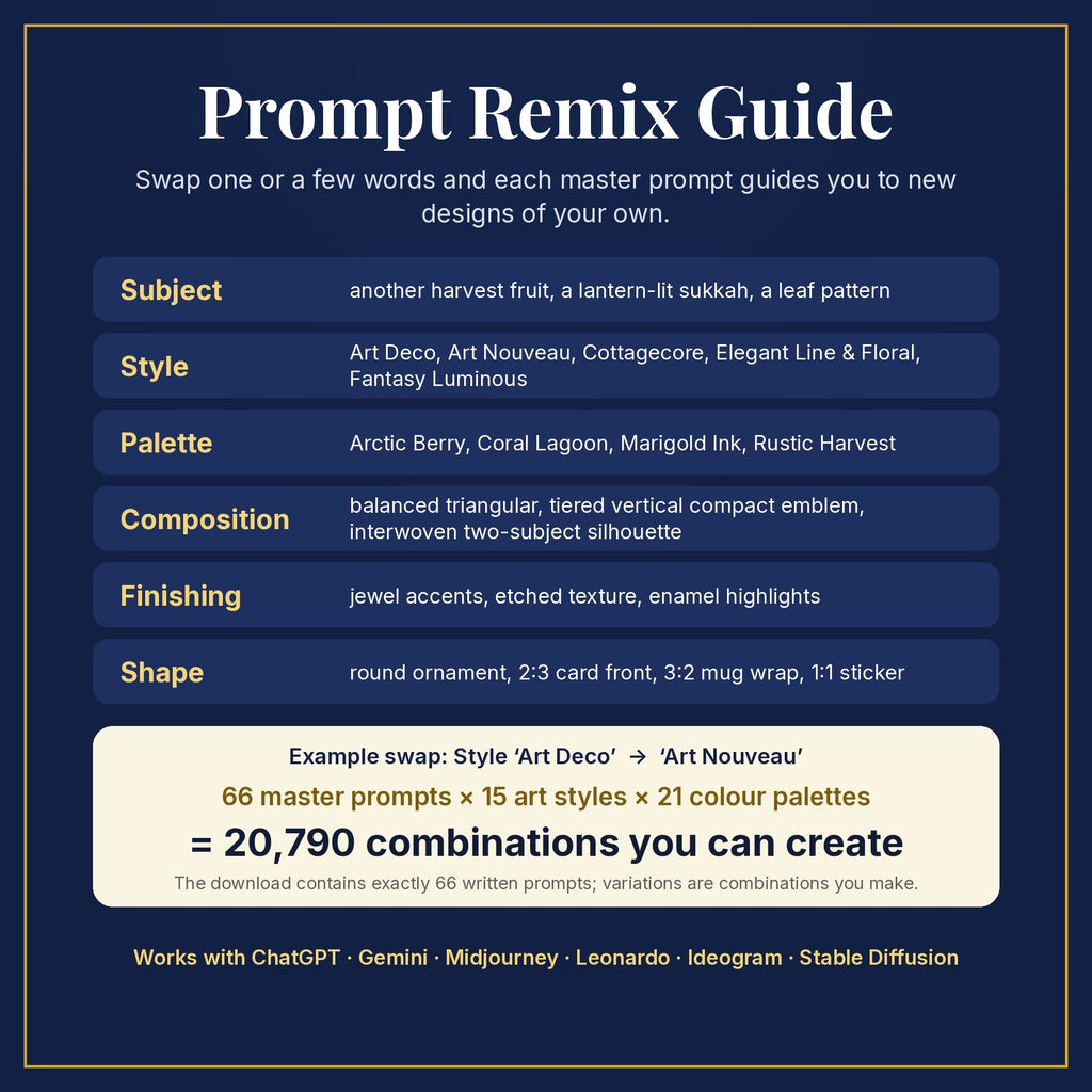 Prompt Remix Guide: swap subject, style, palette, composition, finishing and shape; 66 master prompts × 15 styles × 21 palettes = 20,790 combinations you can create