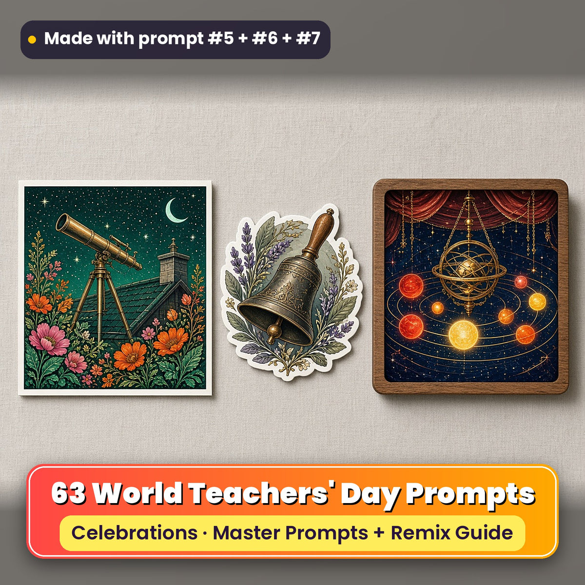 World Teachers' Day prompt pack: 63 master prompts + Remix Guide, with a UV-printed greeting card, acrylic ornament and mug set made with prompts #5, #6 and #7
