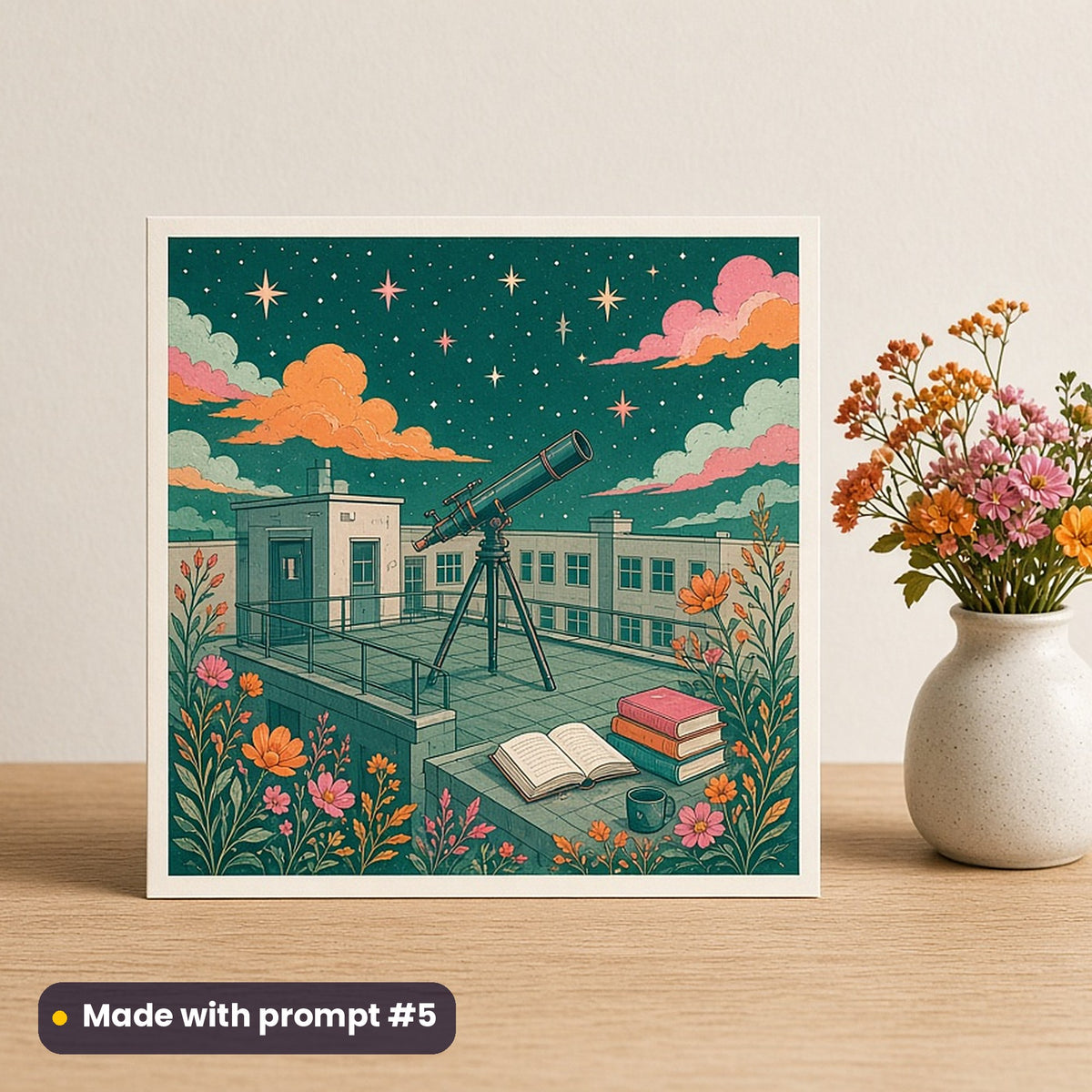 World Teachers' Day artwork printed on a flat-printed greeting card: telescope pointed at the stars from a school roof, elegant line & floral style, made with prompt #5 from this pack