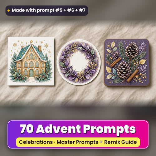 Advent prompt pack: 70 master prompts + Remix Guide, with a UV-printed greeting card, acrylic ornament and mug set made with prompts #5, #6 and #7