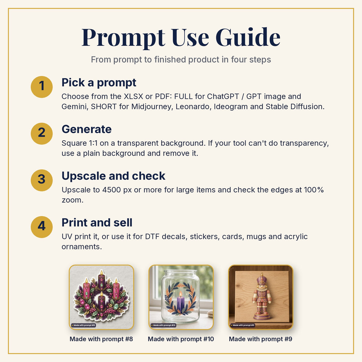 Prompt Use Guide: pick a prompt, generate, upscale and check, then print and sell, with example products made with prompts #8, #10 and #9