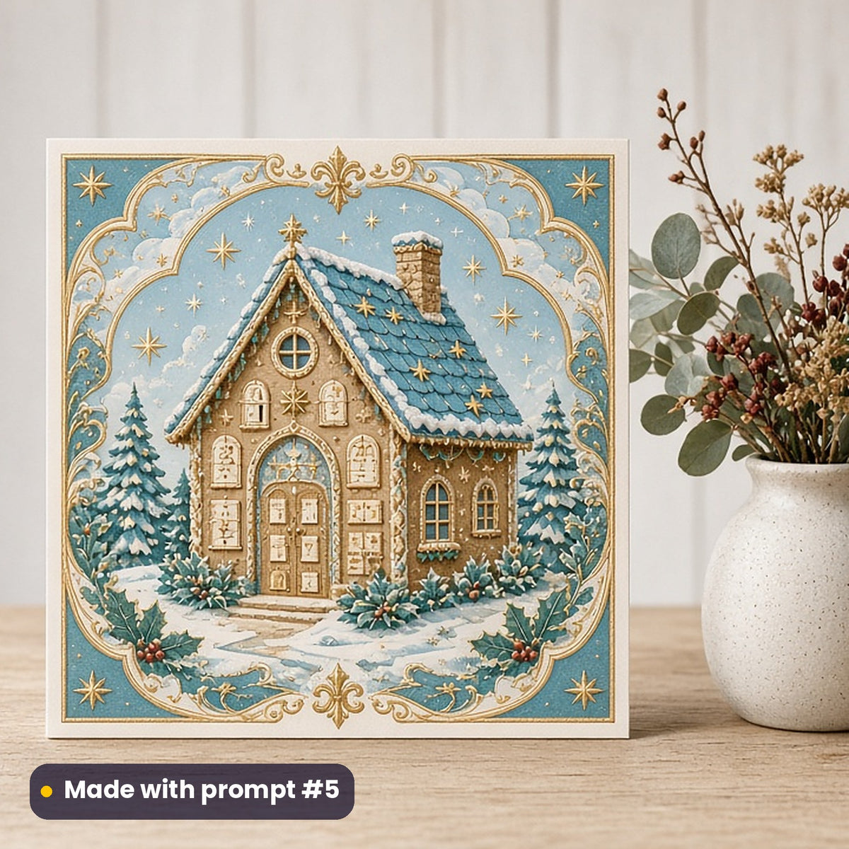 Advent artwork printed on a flat-printed greeting card: gingerbread house advent calendar with tiny doors, vintage botanical style, made with prompt #5 from this pack