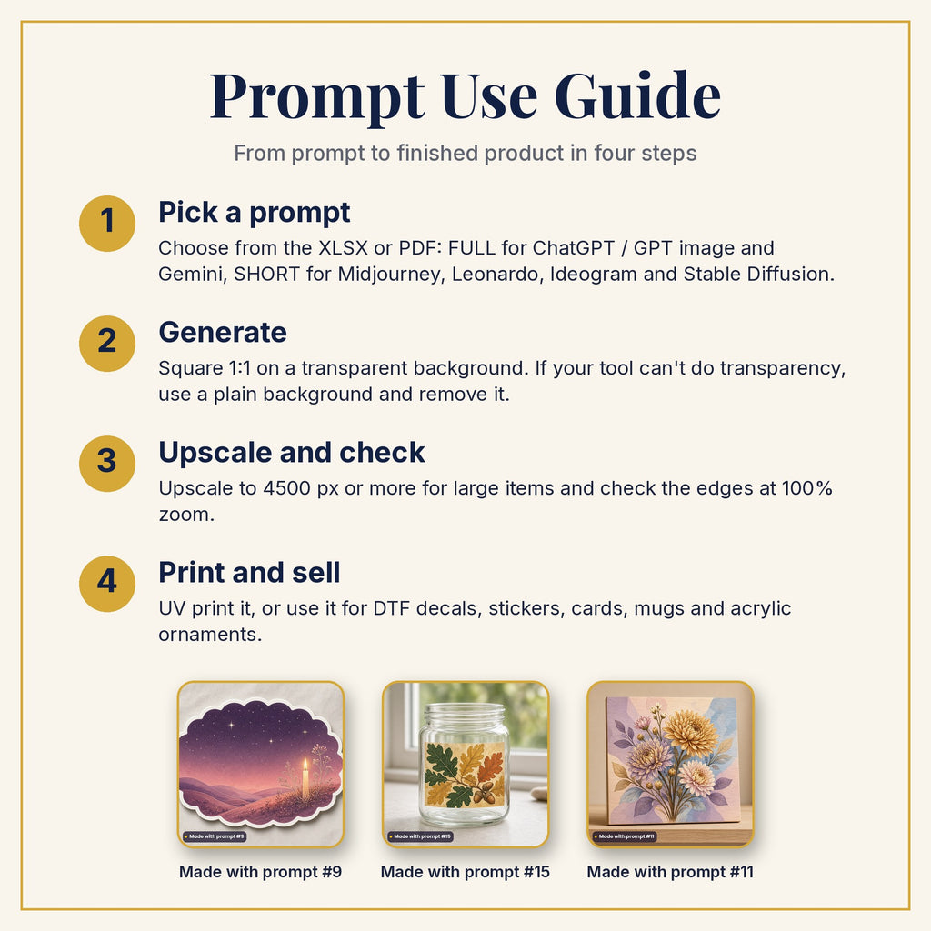 Prompt Use Guide: pick a prompt, generate, upscale and check, then print and sell, with example products made with prompts #9, #15 and #11