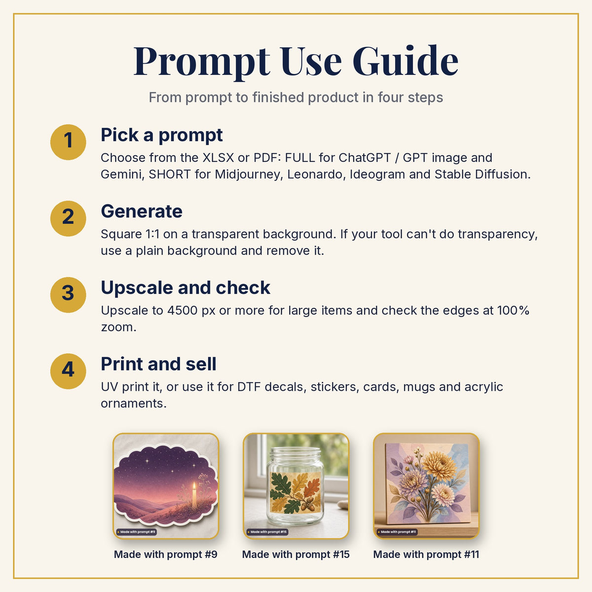 Prompt Use Guide: pick a prompt, generate, upscale and check, then print and sell, with example products made with prompts #9, #15 and #11