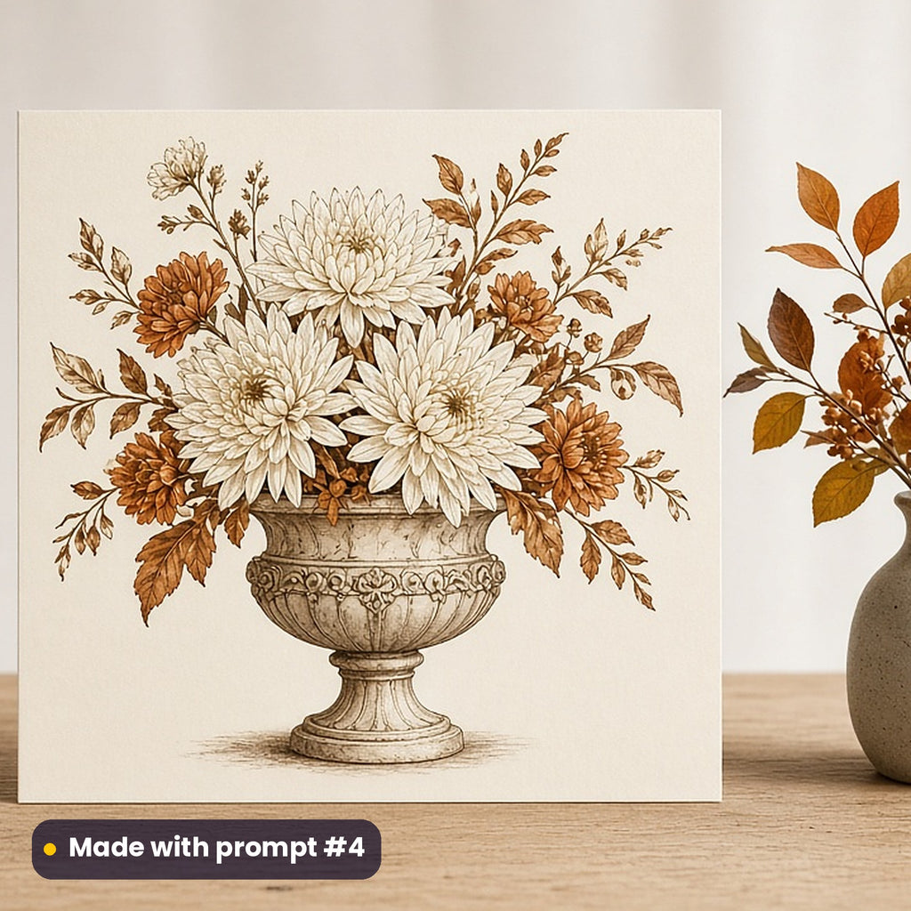 All Saints' Day artwork printed on a flat-printed greeting card: white chrysanthemums in a stone urn, elegant line & floral style, made with prompt #4 from this pack