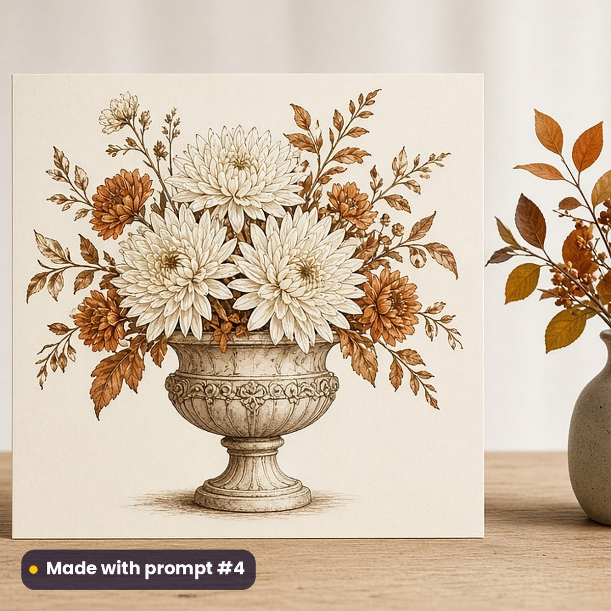 All Saints' Day artwork printed on a flat-printed greeting card: white chrysanthemums in a stone urn, elegant line & floral style, made with prompt #4 from this pack