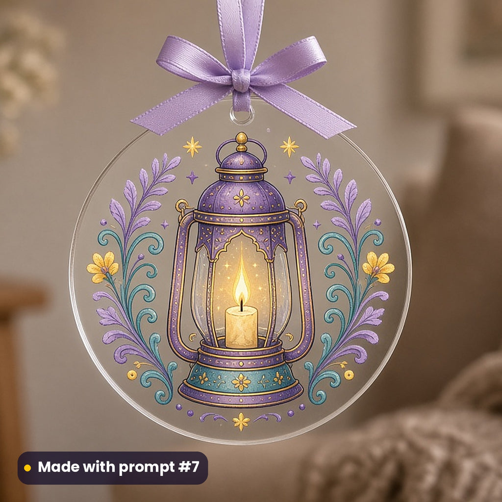 All Saints' Day artwork printed on a UV-printed clear acrylic ornament: vintage brass lantern with a glowing candle, folk art style, made with prompt #7 from this pack