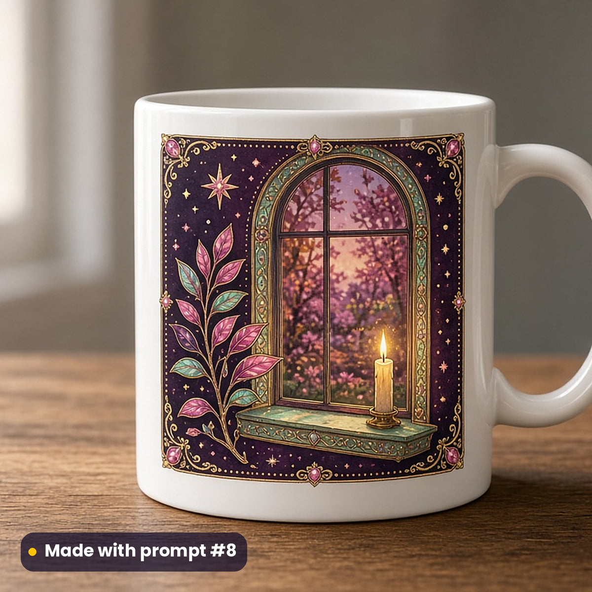 All Saints' Day artwork printed on a UV-printed ceramic mug: candlelit window on a November evening, luxury enamel & gemstone style, made with prompt #8 from this pack