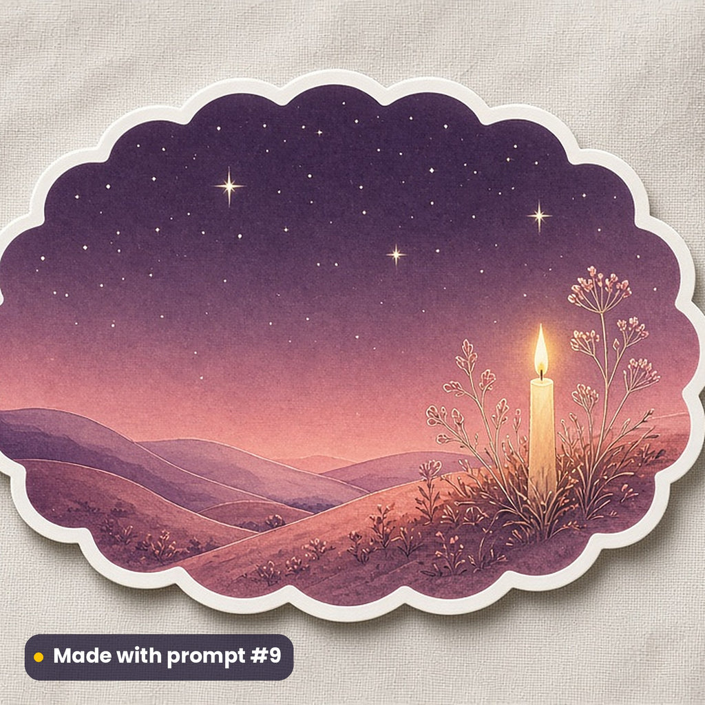 All Saints' Day artwork printed on a die-cut vinyl sticker: first stars over a candlelit hillside, luxury porcelain style, made with prompt #9 from this pack