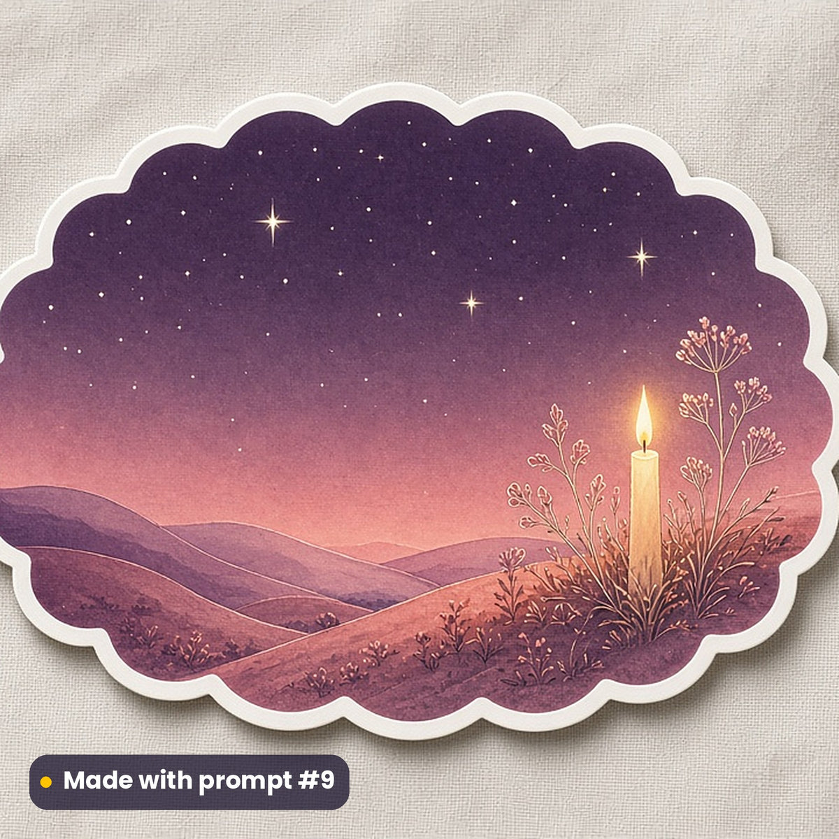 All Saints' Day artwork printed on a die-cut vinyl sticker: first stars over a candlelit hillside, luxury porcelain style, made with prompt #9 from this pack
