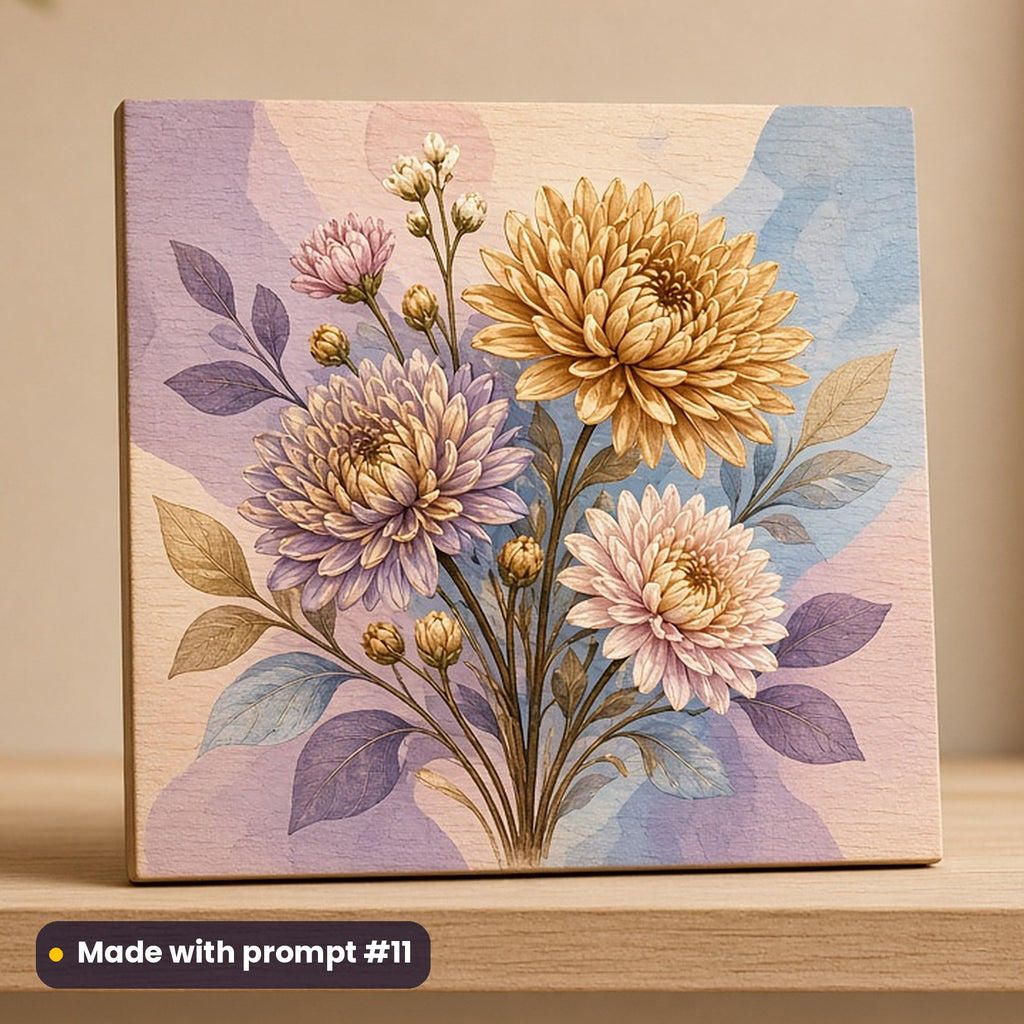 All Saints' Day artwork printed on a UV-printed wooden plaque: bronze and gold chrysanthemum bouquet, modern scandinavian style, made with prompt #11 from this pack