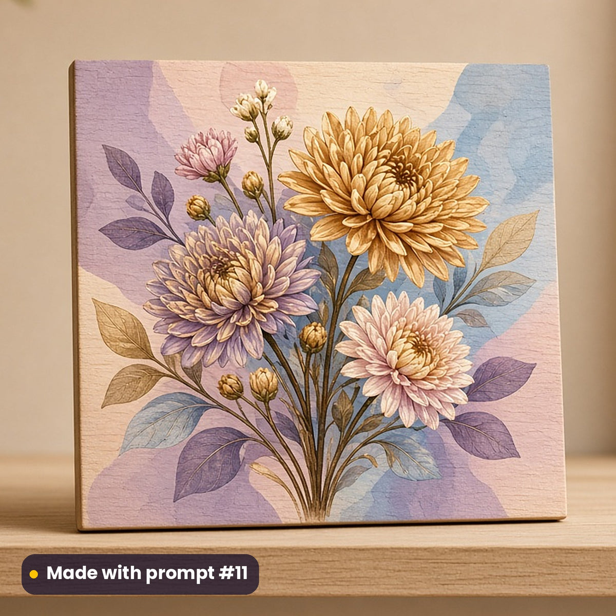 All Saints' Day artwork printed on a UV-printed wooden plaque: bronze and gold chrysanthemum bouquet, modern scandinavian style, made with prompt #11 from this pack