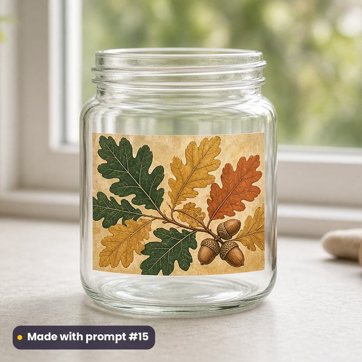 All Saints' Day artwork printed on a UV DTF decal on glass: autumn oak leaves in golden light, vintage botanical style, made with prompt #15 from this pack