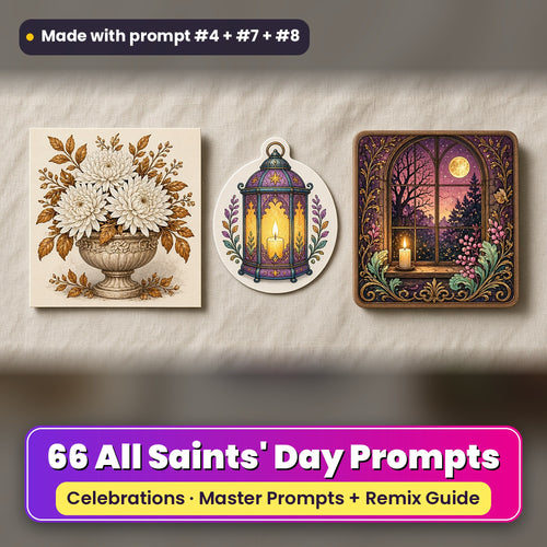 All Saints' Day prompt pack: 66 master prompts + Remix Guide, with a UV-printed greeting card, acrylic ornament and mug set made with prompts #4, #7 and #8