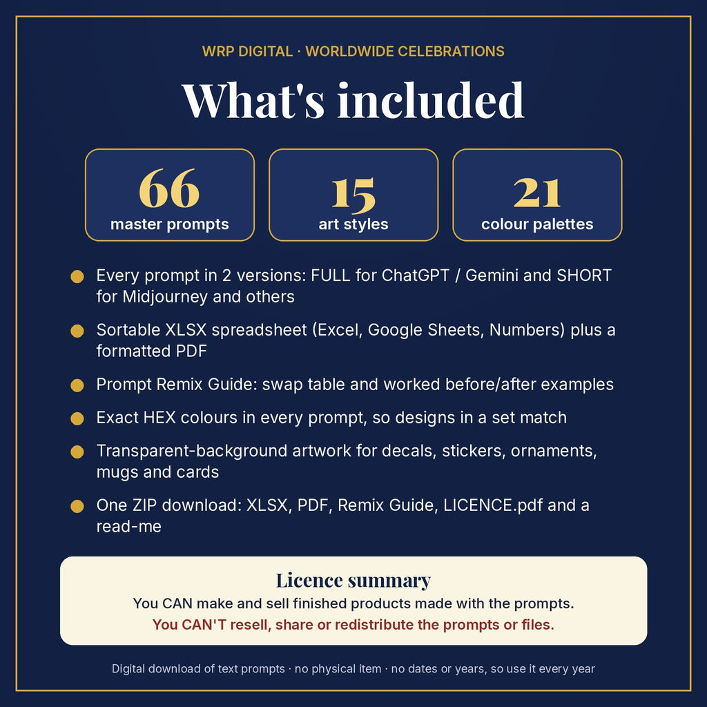 What's included in the All Saints' Day prompt pack: 66 master prompts, 15 art styles, 21 colour palettes, XLSX and PDF files, Remix Guide and licence summary