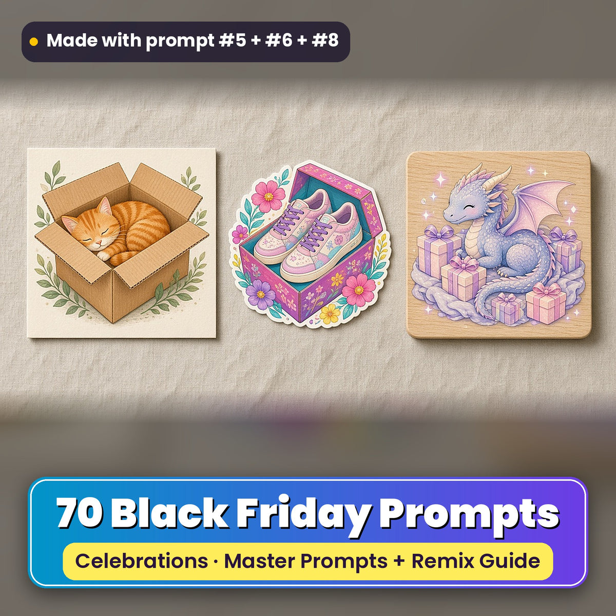 Black Friday prompt pack: 70 master prompts + Remix Guide, with a UV-printed greeting card, acrylic ornament and mug set made with prompts #5, #6 and #8