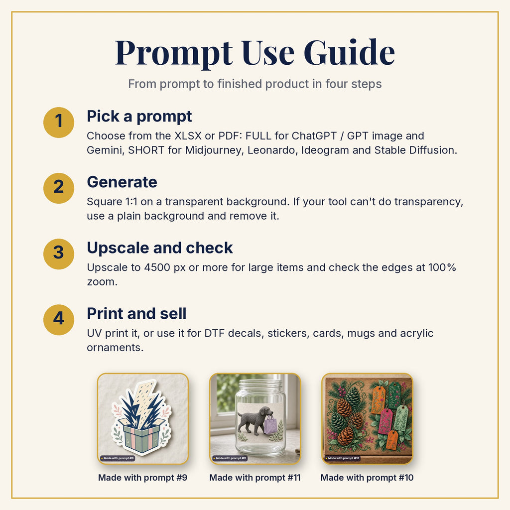Prompt Use Guide: pick a prompt, generate, upscale and check, then print and sell, with example products made with prompts #9, #11 and #10