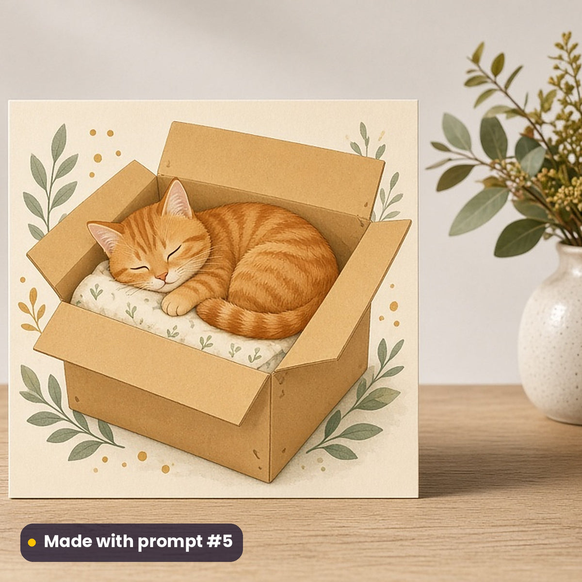 Black Friday artwork printed on a flat-printed greeting card: cat napping in an empty delivery box, cute kawaii style, made with prompt #5 from this pack