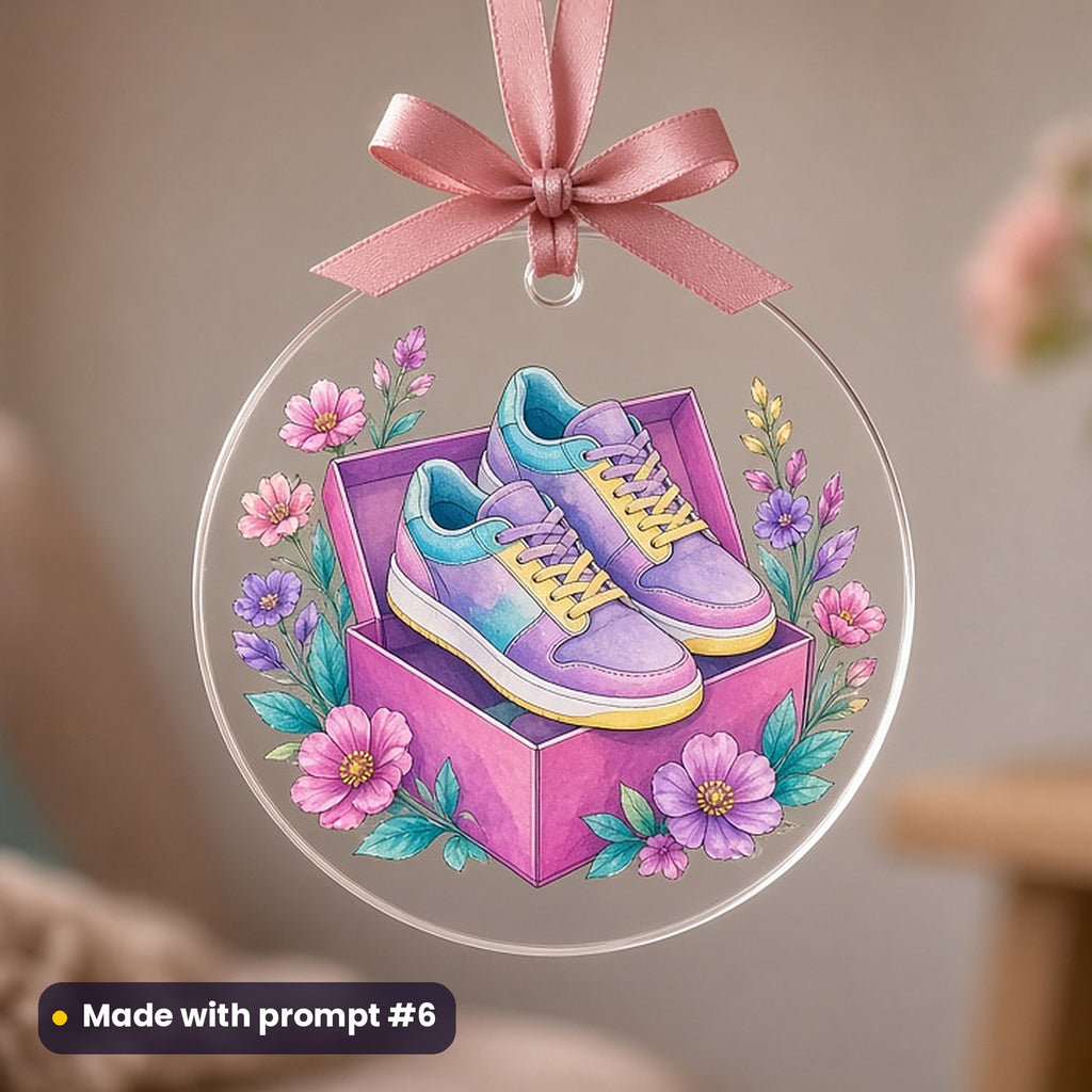 Black Friday artwork printed on a UV-printed clear acrylic ornament: trainers in a shoebox, elegant line & floral style, made with prompt #6 from this pack
