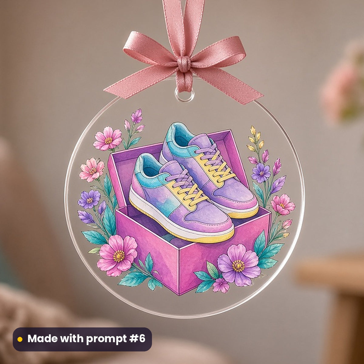 Black Friday artwork printed on a UV-printed clear acrylic ornament: trainers in a shoebox, elegant line & floral style, made with prompt #6 from this pack