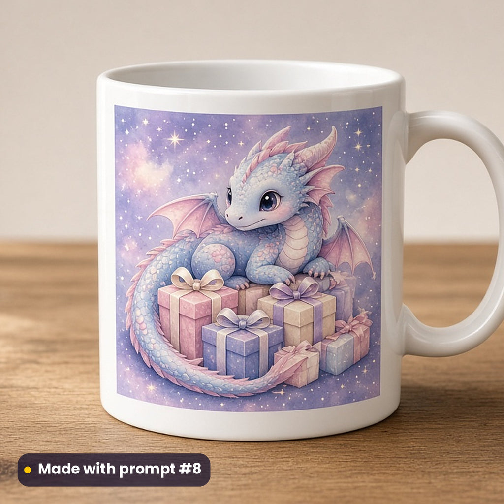 Black Friday artwork printed on a UV-printed ceramic mug: dragon guarding a hoard of parcels, fantasy luminous style, made with prompt #8 from this pack