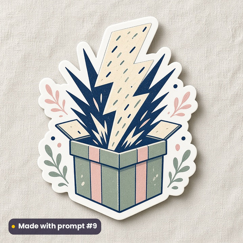 Black Friday artwork printed on a die-cut vinyl sticker: lightning bolt bursting from a gift box, folk art style, made with prompt #9 from this pack