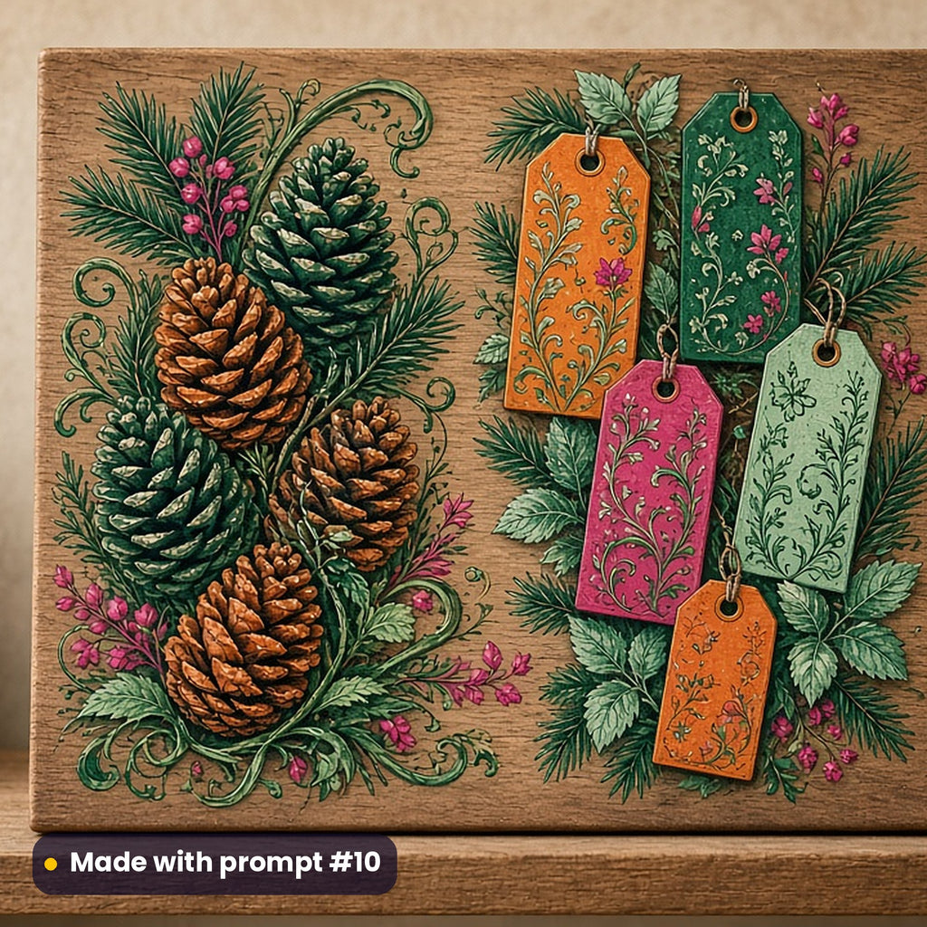Black Friday artwork printed on a UV-printed wooden plaque: pine cones and blank gift tags, gothic romantic style, made with prompt #10 from this pack