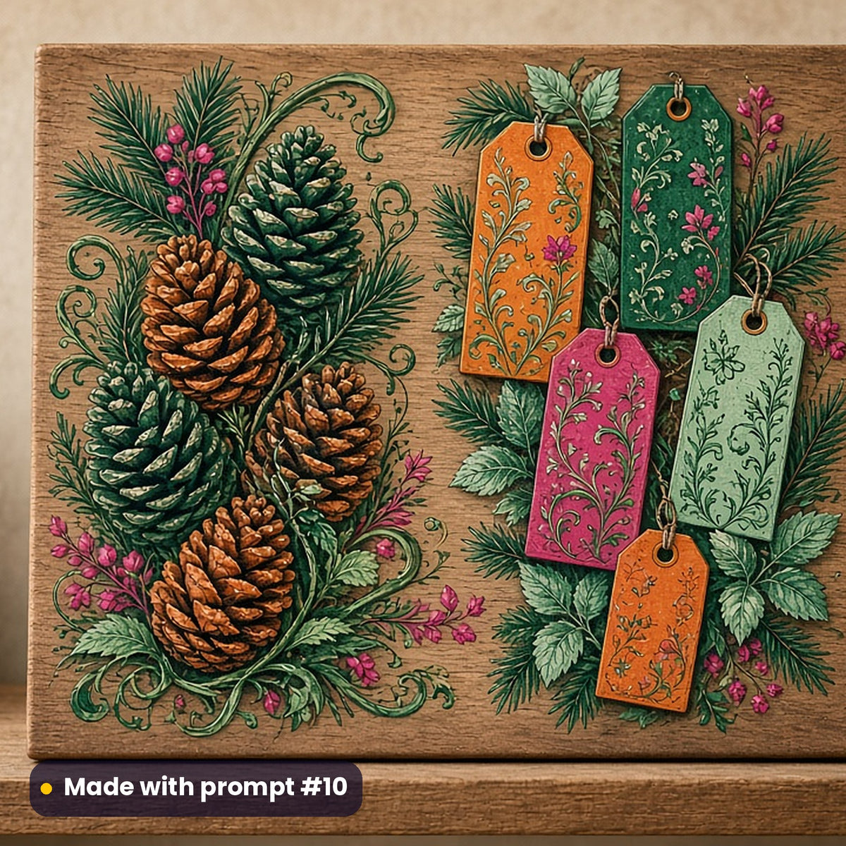 Black Friday artwork printed on a UV-printed wooden plaque: pine cones and blank gift tags, gothic romantic style, made with prompt #10 from this pack