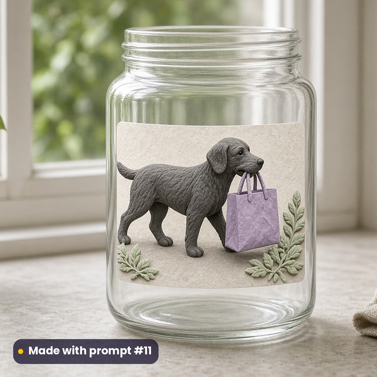 Black Friday artwork printed on a UV DTF decal on glass: dog carrying a shopping bag, handcrafted clay illusion style, made with prompt #11 from this pack
