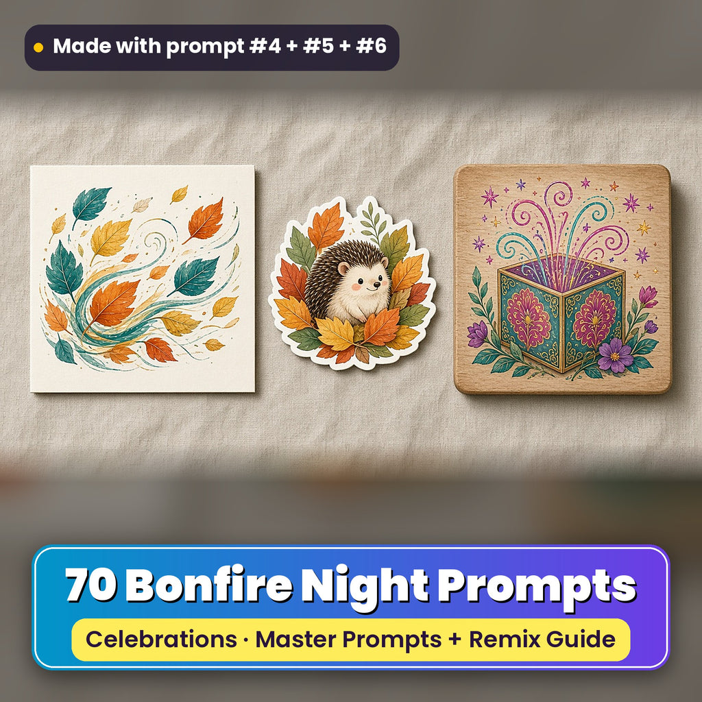 Bonfire Night prompt pack: 70 master prompts + Remix Guide, with a UV-printed greeting card, acrylic ornament and mug set made with prompts #4, #5 and #6