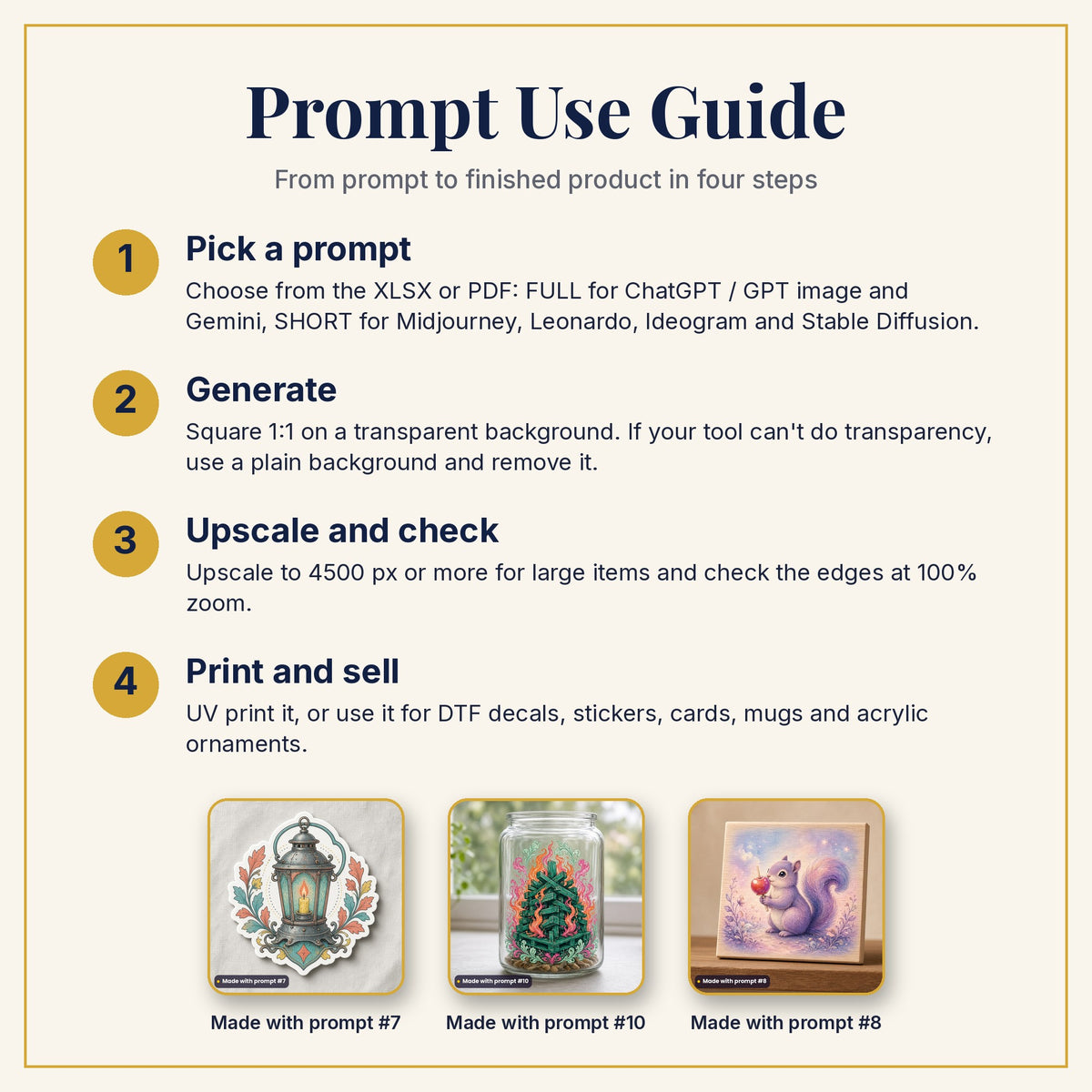Prompt Use Guide: pick a prompt, generate, upscale and check, then print and sell, with example products made with prompts #7, #10 and #8