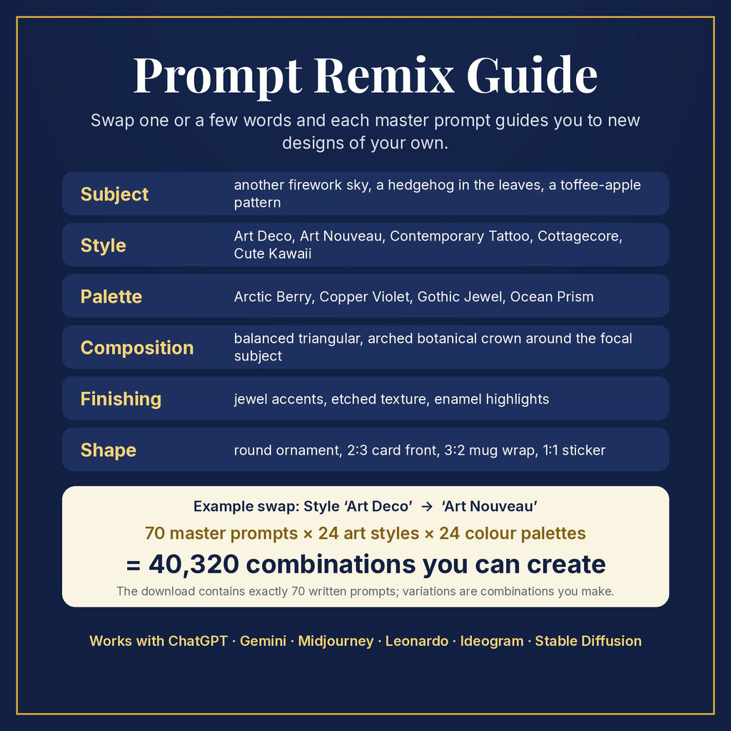 Prompt Remix Guide: swap subject, style, palette, composition, finishing and shape; 70 master prompts × 24 styles × 24 palettes = 40,320 combinations you can create