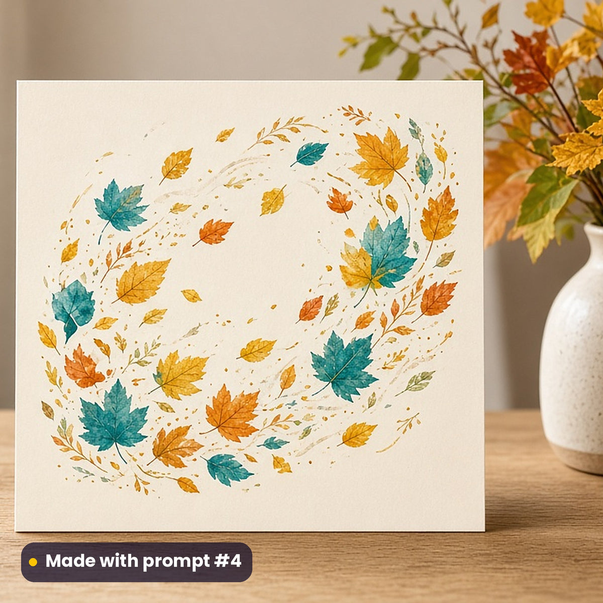 Bonfire Night artwork printed on a flat-printed greeting card: autumn leaves swirling in the wind, cottagecore style, made with prompt #4 from this pack