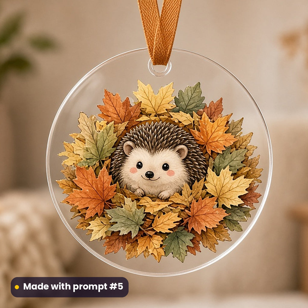 Bonfire Night artwork printed on a UV-printed clear acrylic ornament: hedgehog safe in a pile of leaves, cute kawaii style, made with prompt #5 from this pack