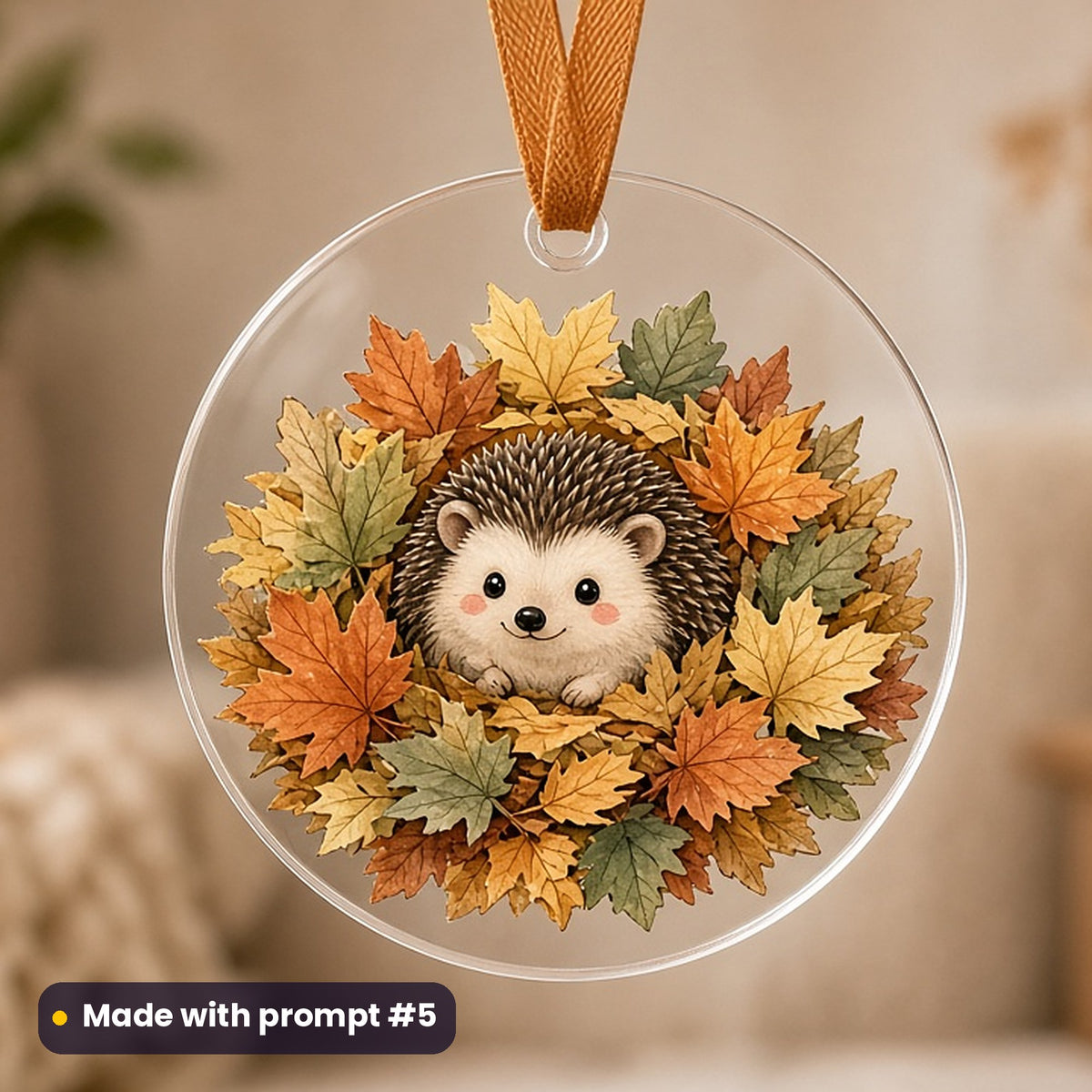 Bonfire Night artwork printed on a UV-printed clear acrylic ornament: hedgehog safe in a pile of leaves, cute kawaii style, made with prompt #5 from this pack
