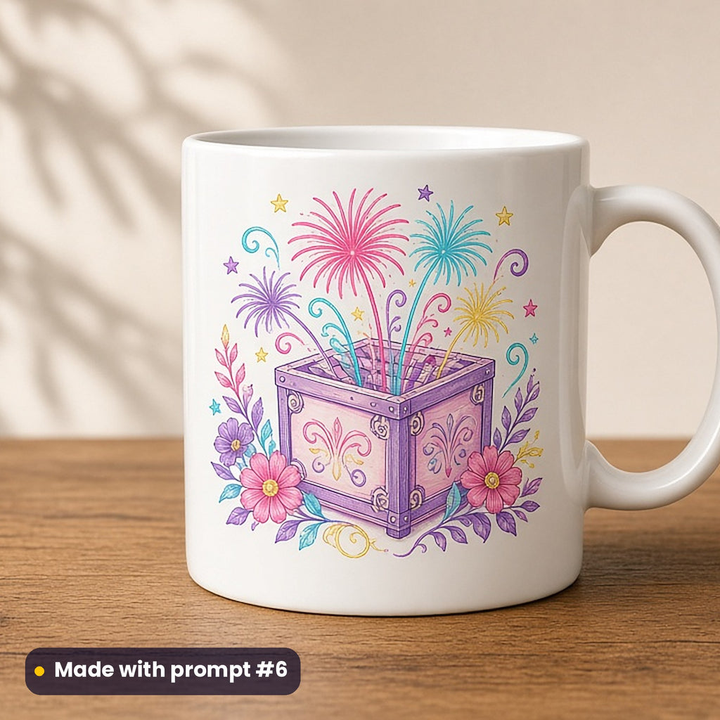 Bonfire Night artwork printed on a UV-printed ceramic mug: vintage firework box with stars and swirls, elegant line & floral style, made with prompt #6 from this pack