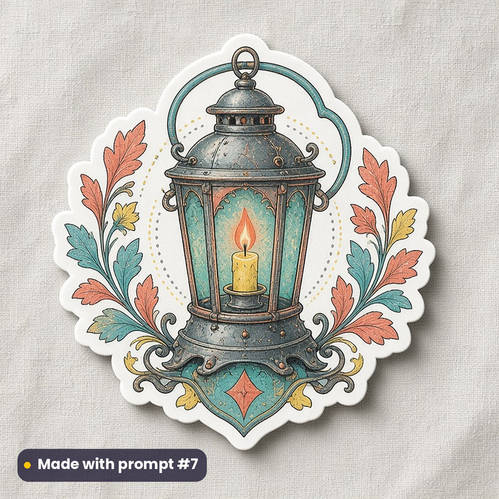 Bonfire Night artwork printed on a die-cut vinyl sticker: old tin lantern with a candle, fantasy heraldic style, made with prompt #7 from this pack