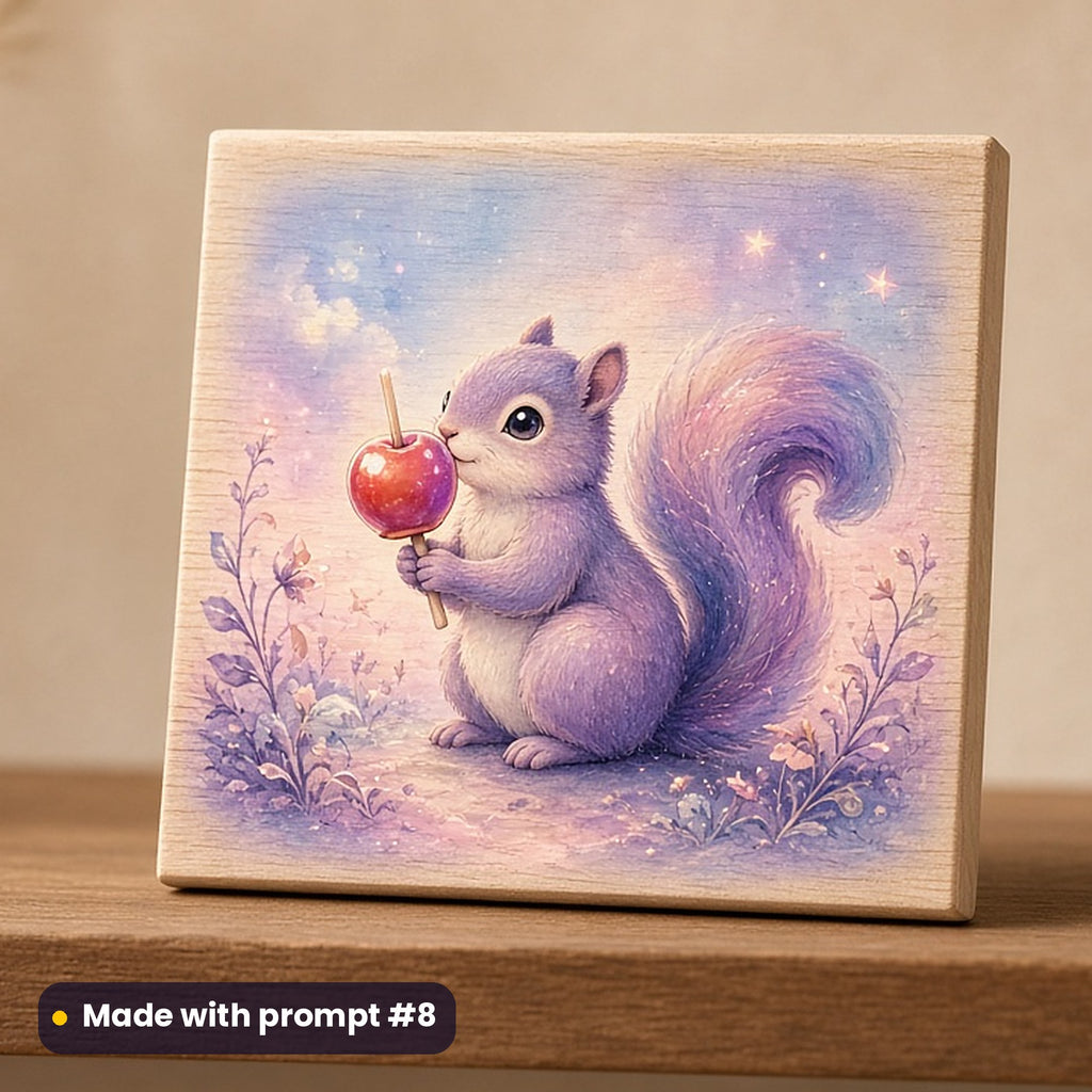 Bonfire Night artwork printed on a UV-printed wooden plaque: cute squirrel holding a toffee apple, fantasy luminous style, made with prompt #8 from this pack