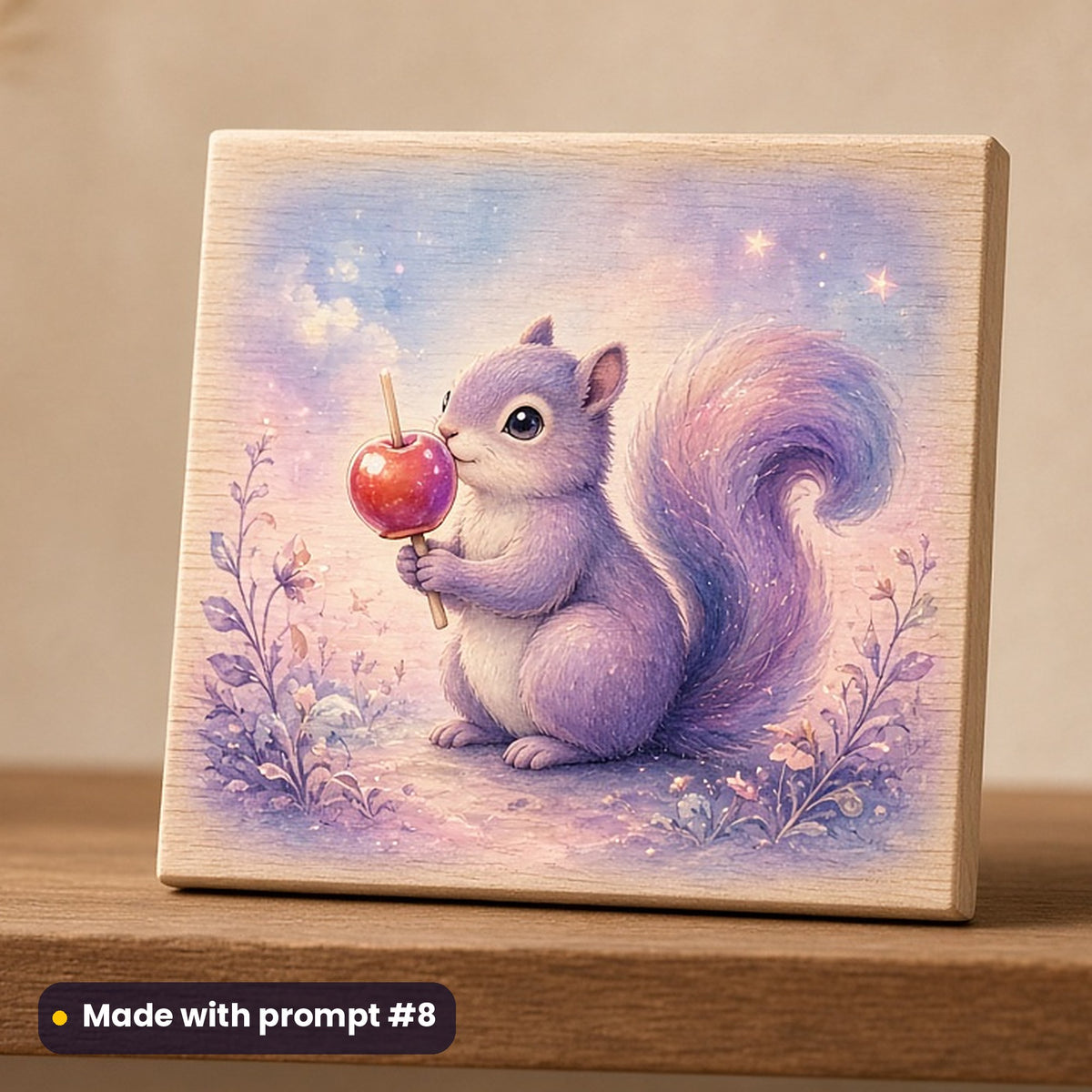 Bonfire Night artwork printed on a UV-printed wooden plaque: cute squirrel holding a toffee apple, fantasy luminous style, made with prompt #8 from this pack