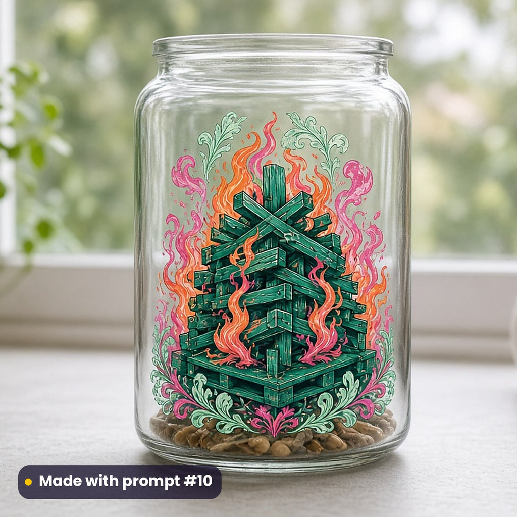 Bonfire Night artwork printed on a UV DTF decal on glass: neatly stacked bonfire of logs and pallets, gothic romantic style, made with prompt #10 from this pack