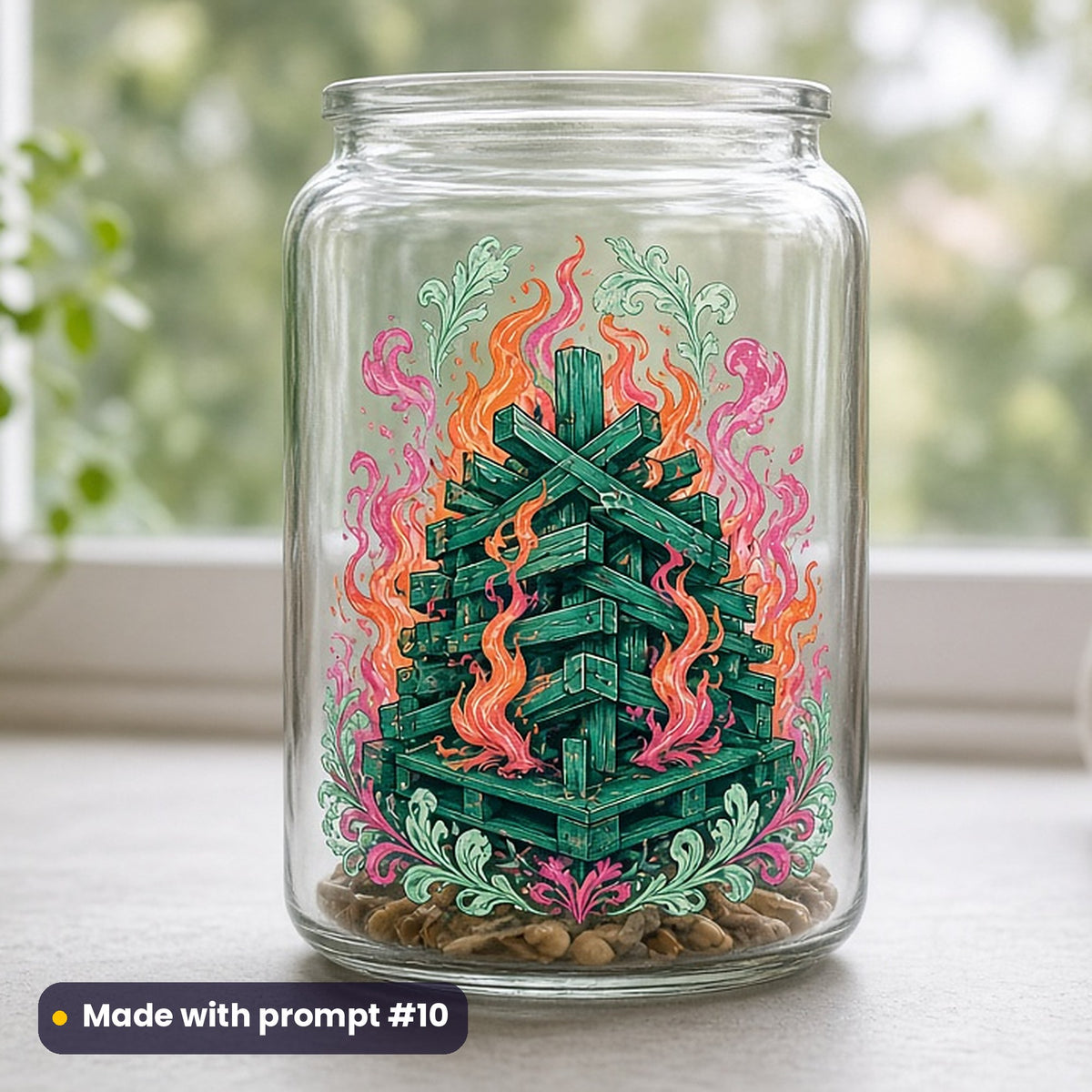 Bonfire Night artwork printed on a UV DTF decal on glass: neatly stacked bonfire of logs and pallets, gothic romantic style, made with prompt #10 from this pack